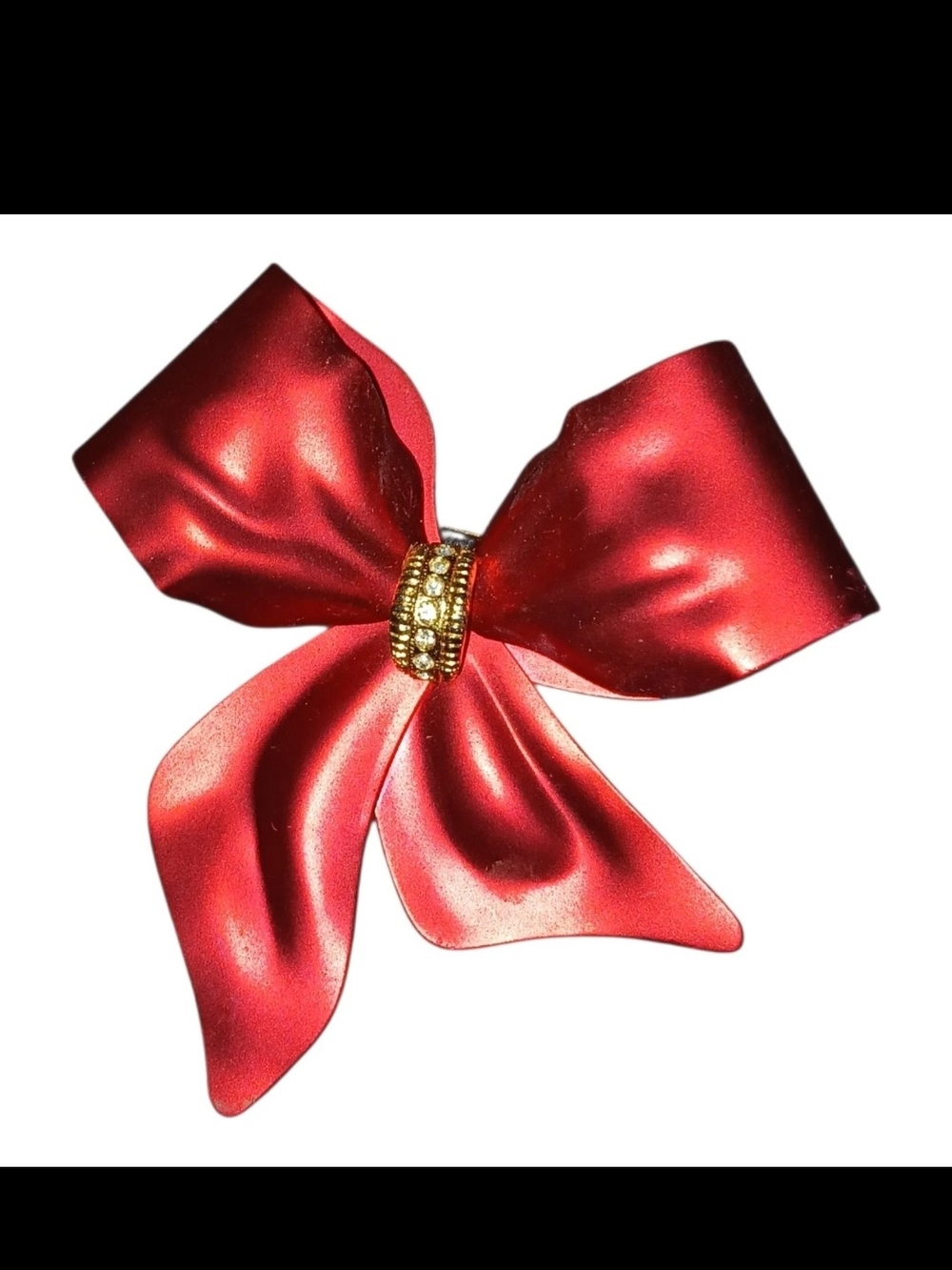 Vintage Red Matte Enamel Bow Brooch | Gold Tone Rhinestone Center
